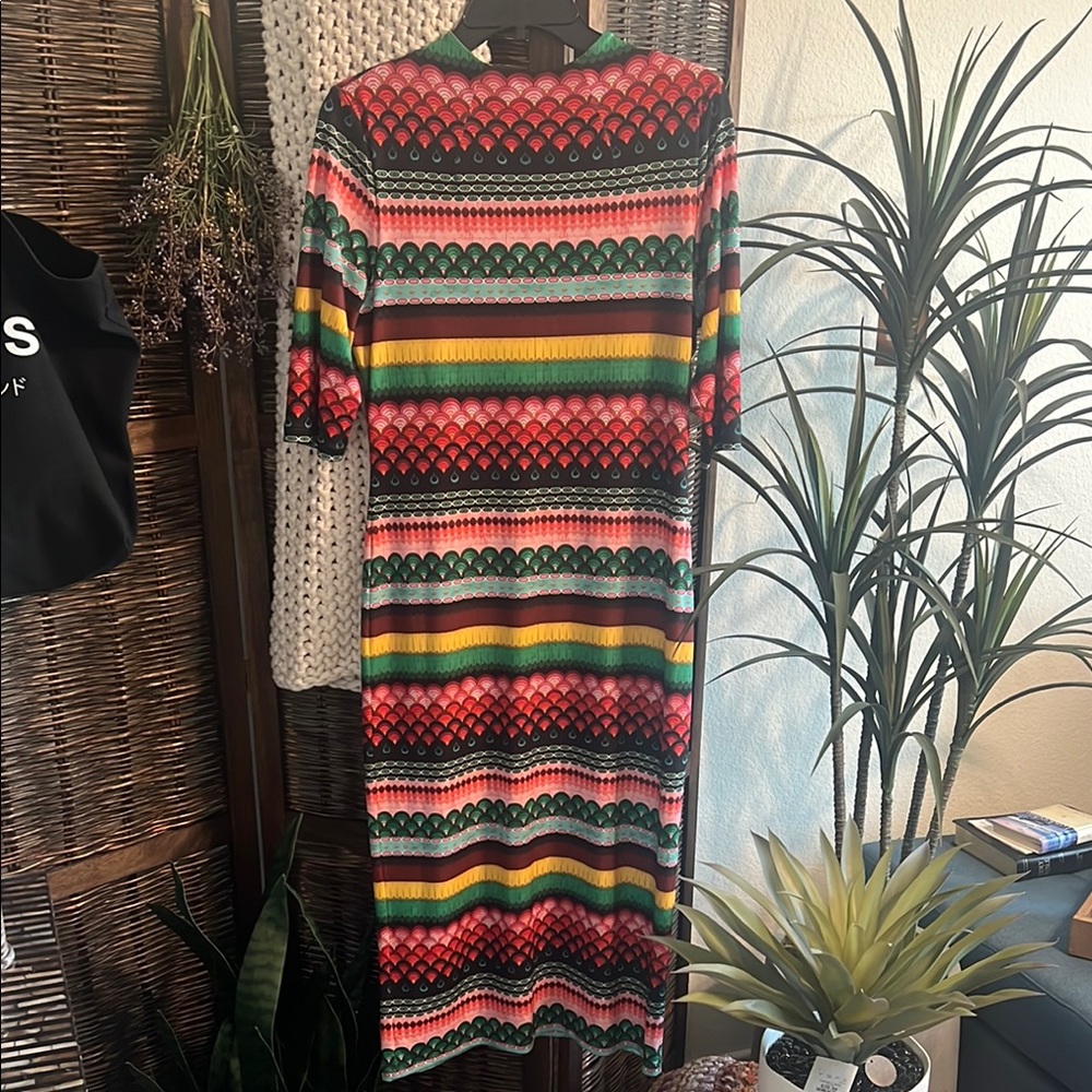 Alice + Olivia Red and Yellow Sheath Dress with Puff Sleeves